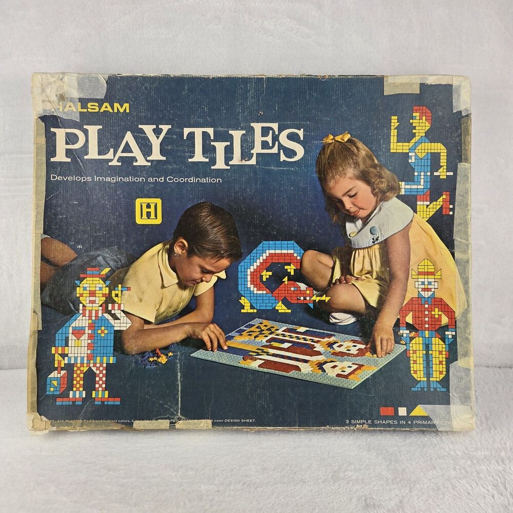 Vintage Halsam Play Tiles Mosaic Set Pegboards Design Sheet Complete 1960s